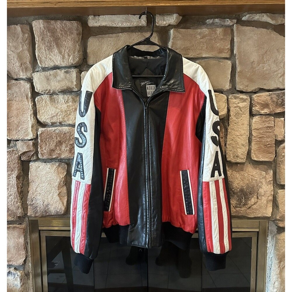 VTG 90s Michael Hoban North Beach Leather Jacket USA Flag Red Black Men’s 46 XL